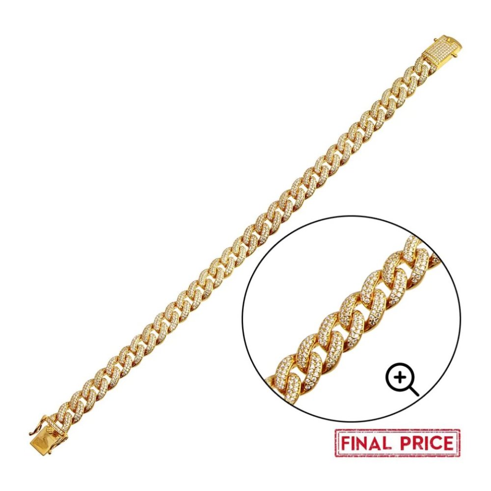 Sterling Silver 925 Gold Plated CZ Encrusted Miami Cuban Link Bracelet 9.5mm